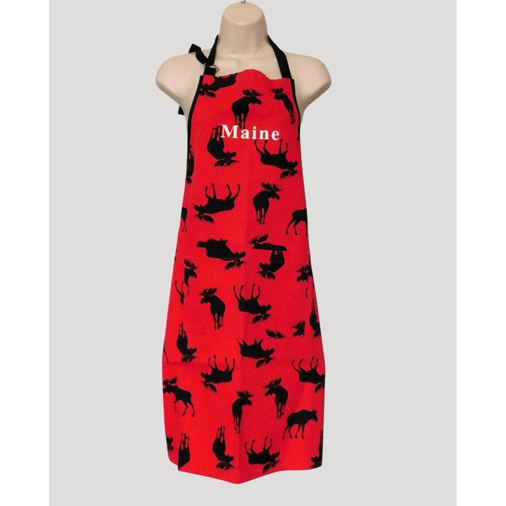 Maine Moose-Print Apron Red Black Adjustable Neck Strap Kitchen Design